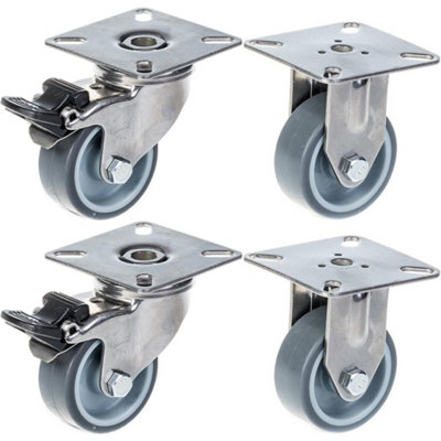 50mm 2" stainless steel castor grey rubber, brake & fixed, 160kg, set of 4