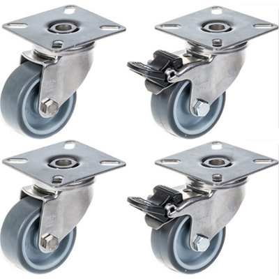 50mm 2" stainless steel castor grey rubber, swivel & brake, 160kg, set of 4