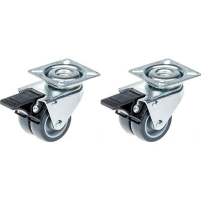 50mm 2" twin wheel castor grey rubber swivel with brake 140kg capacity, set of 2