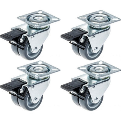 50mm 2" twin wheel castor grey rubber swivel with brake 280kg capacity, set of 4