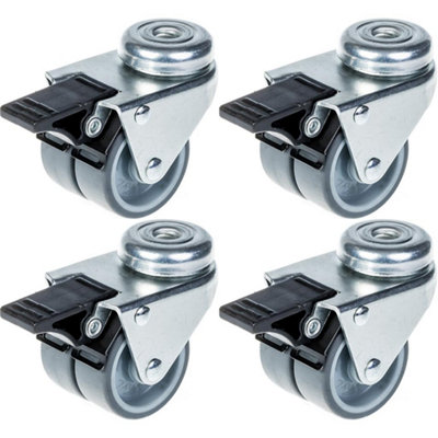 50mm 2" twin wheel castor grey rubber swivel with brake 280kg capacity, set of 4