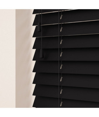 50mm Slat Black Real Wood Venetian Blind With Strings 120cm Drop 205cm Wide