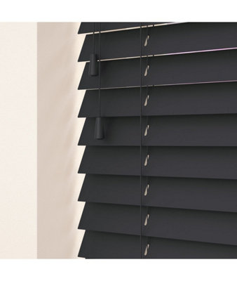 50mm Slat Slate Grey Real Wood Venetian Blind With Strings 120cm Drop 75cm Wide