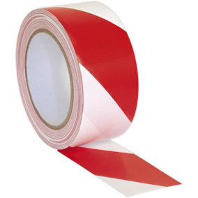 50mm x 33m Red & White Adhesive Warning Tape - Hazard Safety Marking Corden