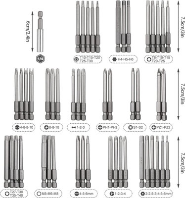 50pc S2 Hex Bit Set Torx Screwdriver Sets Repair Kits 75mm Long ...
