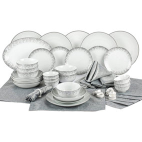 50pc Silver Shimmer Dining & Textile Set - Plates, Bowls, Platter Dish, Table Runner, Placemats & Napkins Dinnerware Collection