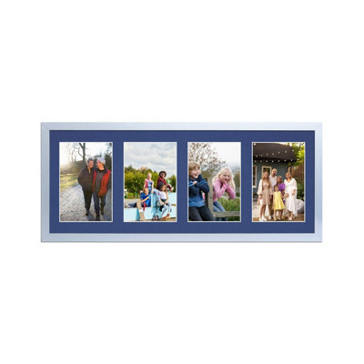 50X20CM Silver Sleek Multi Photo Frame with Blue Mount - Holds 4 ...