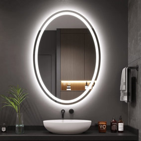 50x70cm Oval LED Bathroom Mirror Illuminated Backlit Wall Mounted with 3 Colors Light Anti-fog