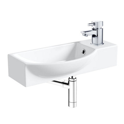 510mm Curved Wall Hung 1 Tap Hole Basin Chrome Hero Tap & Minimalist Bottle Trap Waste