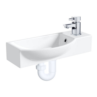 510mm Curved Wall Hung 1 Tap Hole Basin Chrome Hero Tap & Plastic Trap Waste