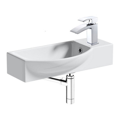 510mm Curved Wall Hung 1 Tap Hole Basin Chrome Lucia Waterfall Tap & Minimalist Bottle Trap Waste
