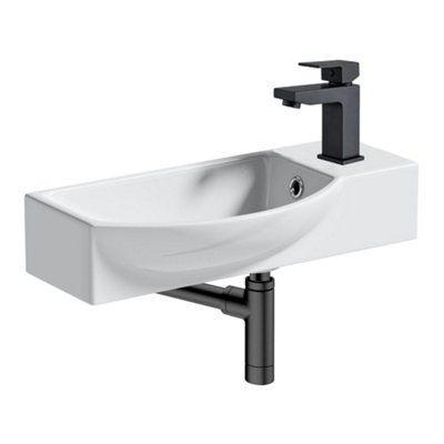510mm Curved Wall Hung 1 Tap Hole Basin Matt Black Form Tap & Minimalist Bottle Trap Waste