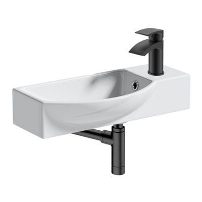 510mm Curved Wall Hung 1 Tap Hole Basin Matt Black Sleek Waterfall Tap & Minimalist Bottle Trap Waste