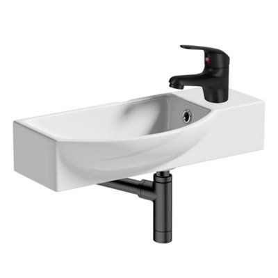 510mm Curved Wall Hung 1 Tap Hole Basin Matt Black Tap With Basin Waste & Minimalist Bottle Trap Waste