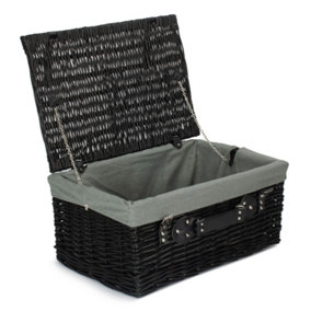 51cm Empty Black Willow Picnic Basket With Grey Lining