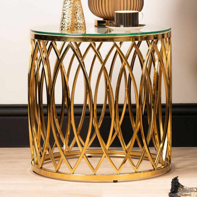 51cm Round Metal End Table for Living Room, Sofa Side Table with Glass Top