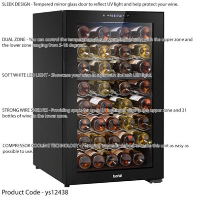 52 Bottle Dual Zone Freestanding Wine Cooler Fridge - LED Backlit BLACK & GLASS