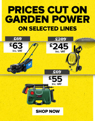 Prices cut on garden power. Selected lines. Includes Mac Allister 1200W 32cm Corded Push Lawnmower was £69, now £63 including VAT. Kärcher K5 Classic Car & Home Corded Pressure washer was £289, now £245 including VAT and Bosch Aquatak Pressure washer was £69, now £55 including VAT. Shop now.