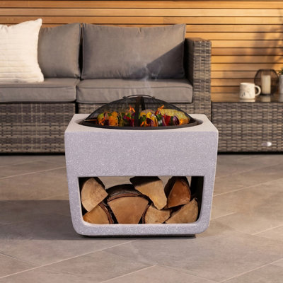 52cm Square Magnesia Fire Pit with Mesh Cover Cooking Grill