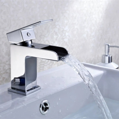 B&Q -  Waterfall Basin Tap Mono Mixer Bathroom Tap Includes Click Clack Waste Chrome