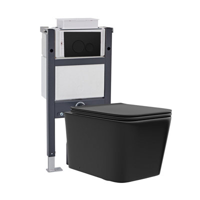 Nes Home Wall Hung Square Rimless Black ToiletCistern Frame Round Button from B&Q