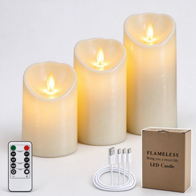 Kaket Set Of 3 Flameless Candles Ivory Dripless Realistic Dancing Led Flames And 10-Key Remote Control With 24-Hour Timer Function