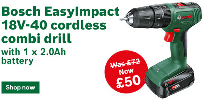 Save £22 on the Bosch EasyImpact 18V-40 cordless combi drill, now £50. Includes 1 x 2.0Ah battery. Green Bosch cordless combi drill with rechargeable battery. Shop now