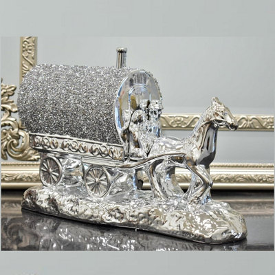 Silver Horse With Wagon Gypsy Crushed Diamond Carriage Ornament Shelf Sitter from B&Q