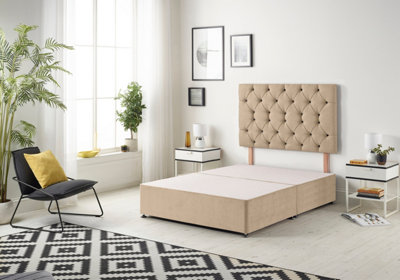 B&Q -  Premier 4Ft Small Double Divan Bed Base With 30" Tufted HeadboardPlush VelvetBeige