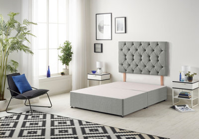 B&Q -  Premier 2Ft6 Small Single Divan Bed Base With 30" Tufted HeadboardTweed FabricGrey