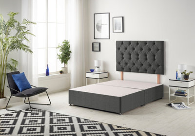 B&Q -  Premier 3Ft Single Divan Bed Base With 30" Tufted HeadboardTweed FabricCharcoal