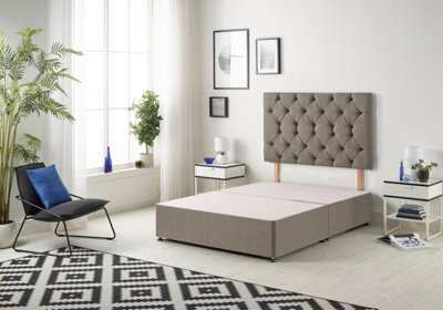 B&Q -  Premier 4Ft6 Double Divan Bed Base With 30" Tufted HeadboardTweed FabricCoffee