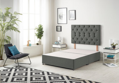 B&Q -  Premier 4Ft6 Double Divan Bed Base With 30" Tufted HeadboardLinen FabricGrey
