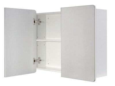 Cooke & Lewis white mirrored bathroom cabinet with the door open to show a single shelf inside.