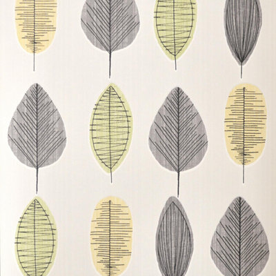 B&Q -  Abstract Leaf Wallpaper White Green Yellow Black Natural Paste The Wall Vinyl