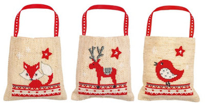 Groves Of Thames Counted Cross Stitch Kit: Draw String Gift Bags: Christmas Animals: Set Of 3