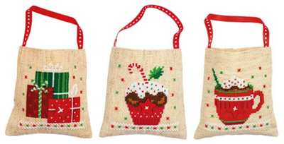 B&Q -  Counted Cross Stitch Kit: Draw String Gift Bags: Christmas Motifs: Set Of 3