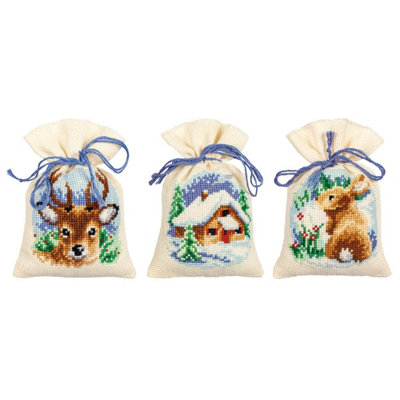 Groves Of Thames Ppbag Pk3 Wntr Time - Counted Cross Stitch Kit: Gift Bags: Wintertime: Set Of 3 - Vervaco White