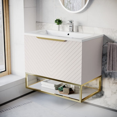 Pink 800mm Wall Hung Drawers Basin Vanity Brushed Brass Frame & Handle - Image 3