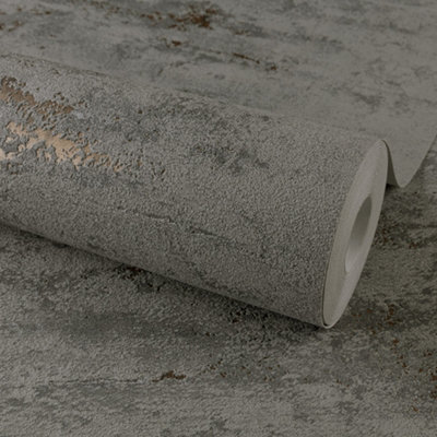 Grandeco Rocca Distressed Textured Concrete Striped Charcoal Grey And Copper Metallic Wallpaper from B&Q