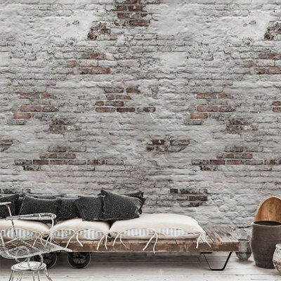 Grandeco Distressed Rustic Real Brick 3 Lane Repeatable Wallpaper Mural 1.59 X 2.8M Grey And Red from B&Q