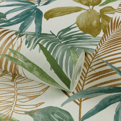 Grandeco Wild Palm Green Teal & Copper Metallic Textured Wallpaper from B&Q