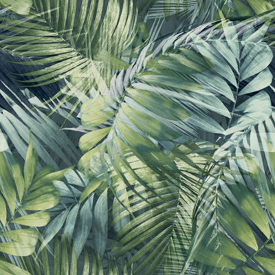 Grandeco Antigua Palm Teal & Green Palm Leaf Wallpaper from B&Q