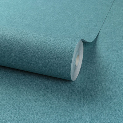 Grandeco Panama Plain Textured Linen Fabric Wallpaper, Deep Teal Grey/Light