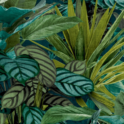 Grandeco Green Painted Leaves Tropical Vista Wallpaper, Teal