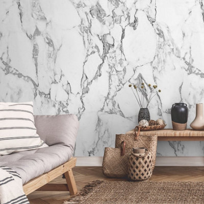 Grandeco Marble 3 Lane Repeatable Textured Mural, 1.59 X 2.8M White