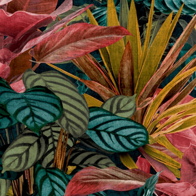 Grandeco Green/Pink Painted Leaves Tropical Vista Wallpaper,