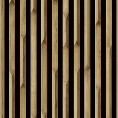 Grandeco Lamella Wood Slat Panel 3D Photorealistic Effect Textured WallpaperOak Wood from B&Q