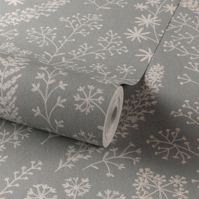 Grandeco Grey Astrid Embroidery Stitch Foliage Trail Wallpaper,