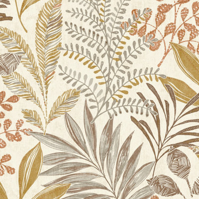 B&Q -  Kara Tropical Jungle Foliage Leaves Textured WallpaperNeutral Beige